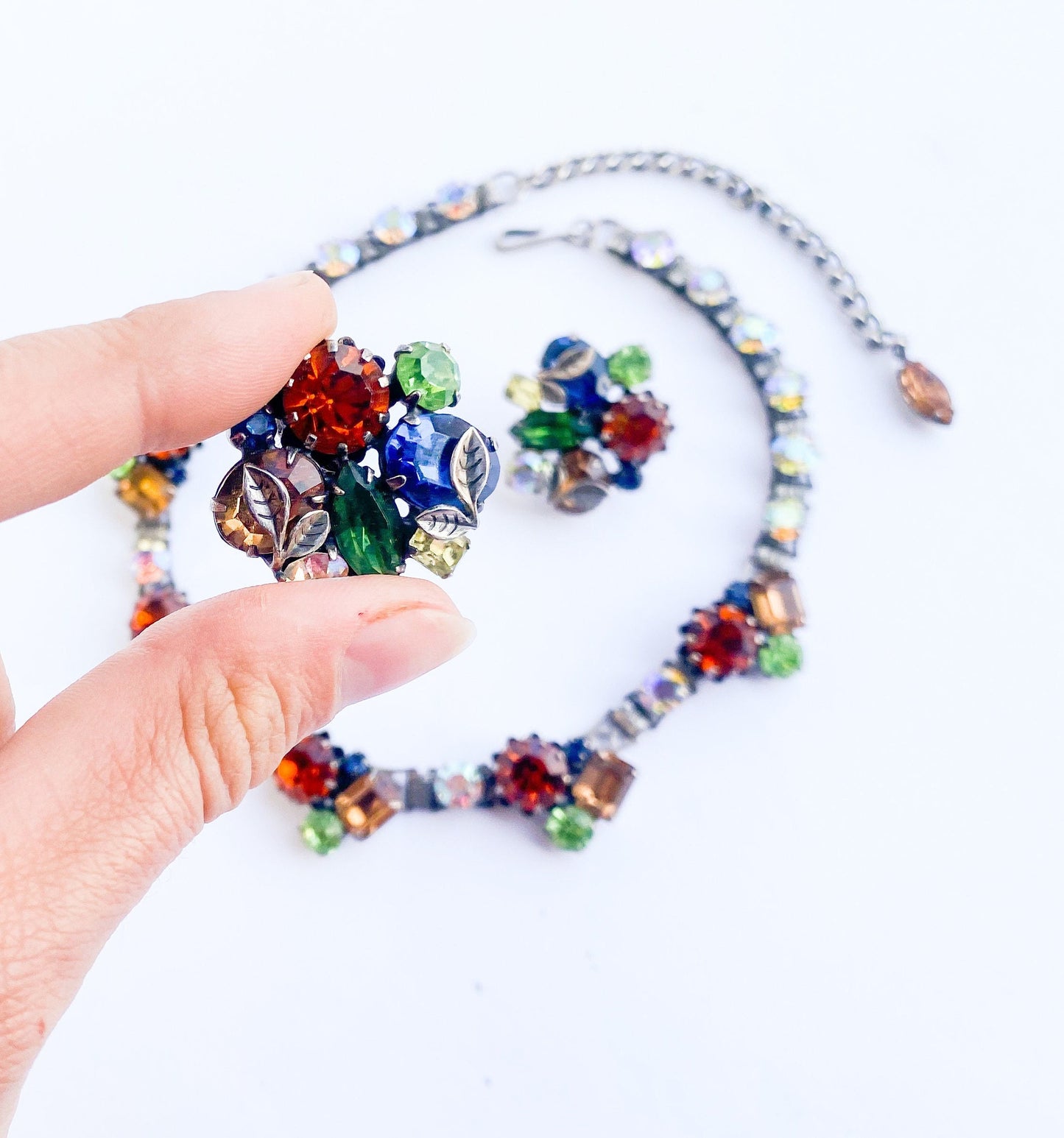 Vendôme | 1940s Rhinestone Necklace Earrings Jewelry Set | 40s Autumn Rhinestone Evening Necklace Set | Vendôme