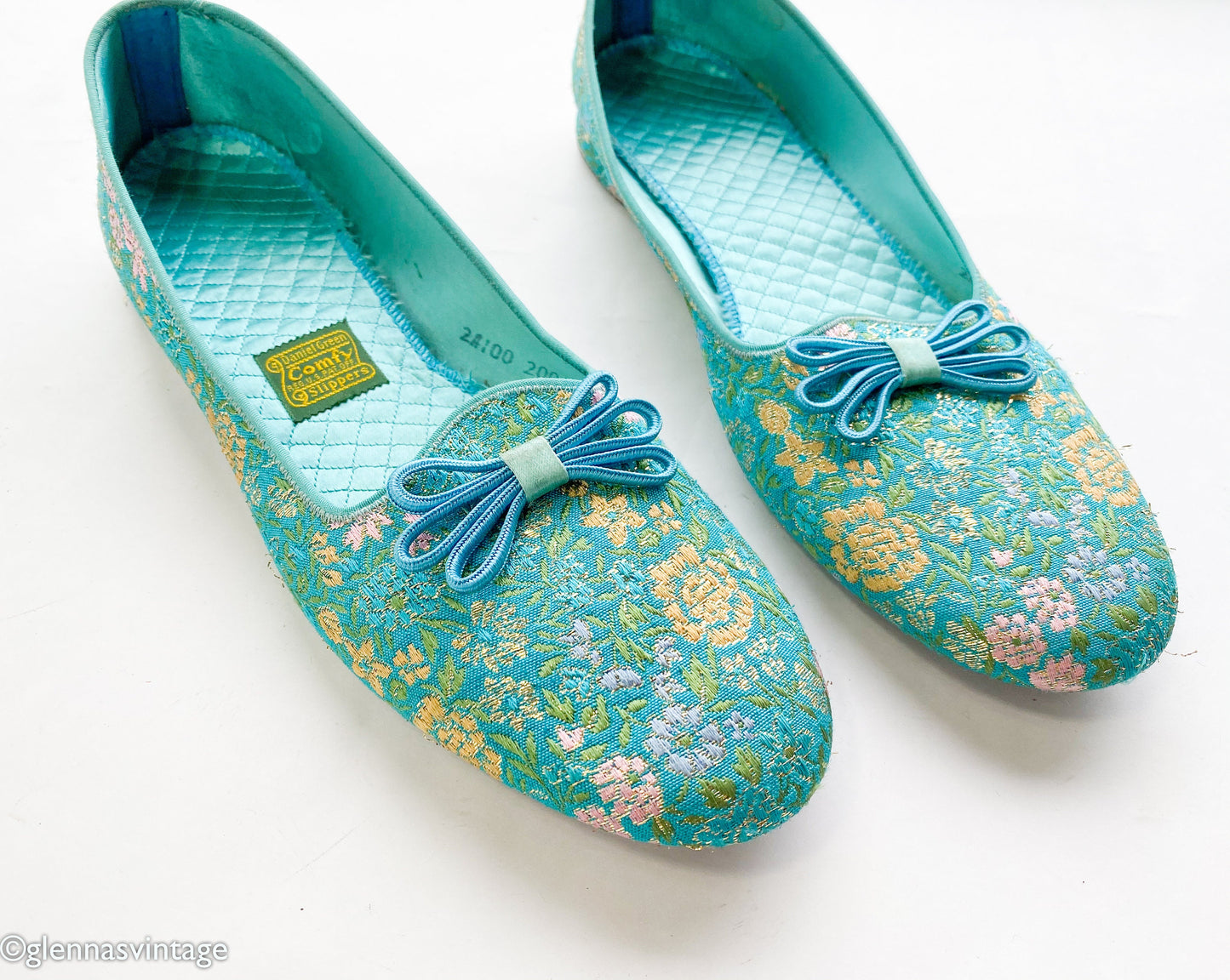 1950s Turquoise Brocade Slippers | Blue & Gold Shoes , Size 12