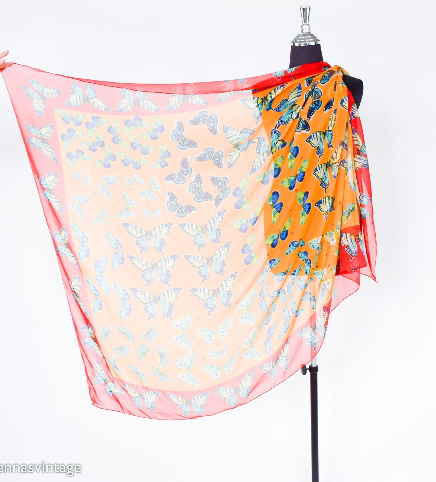 1980s Butterfly Chiffon Scarf | 80s Orange & Red Sheer Butterfly Scarf | Butterfly Museum