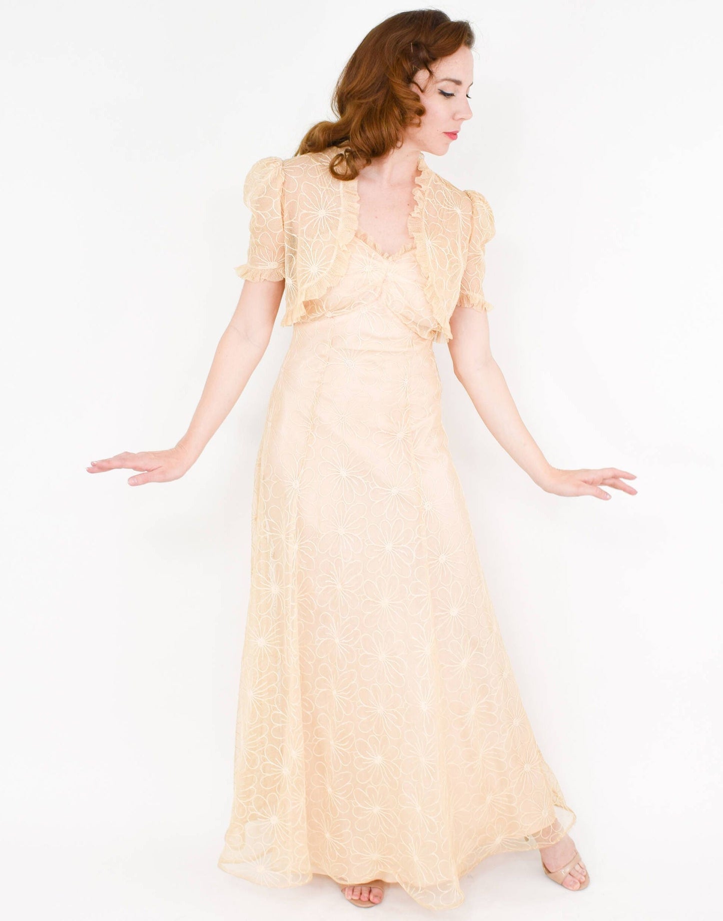 1930s Beige Tambour Lace Evening Dress & Bolero, Old Hollywood Style Wedding, Small