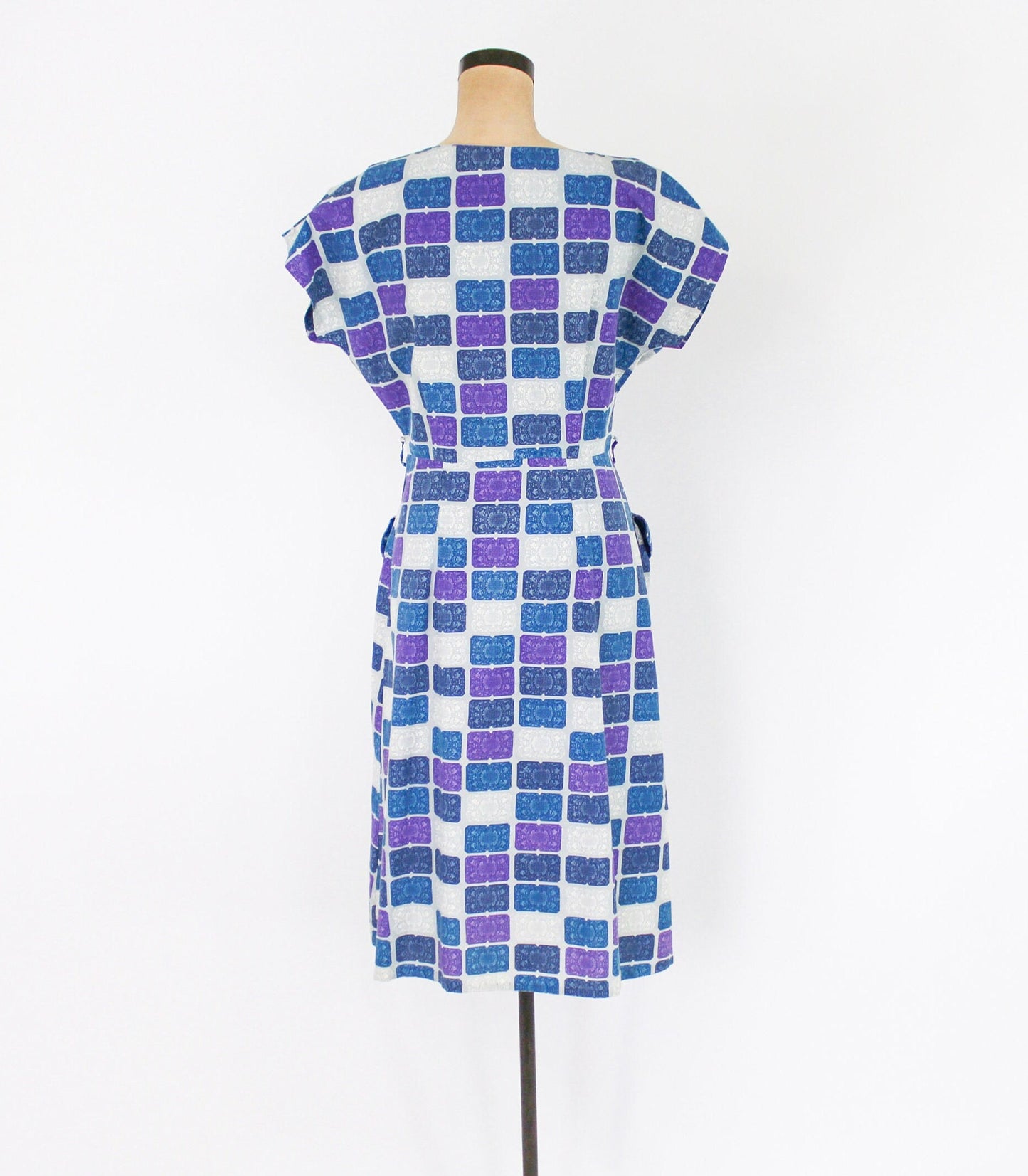1950s Blue Purple Print Cotton Day Dress Rockabilly, Large