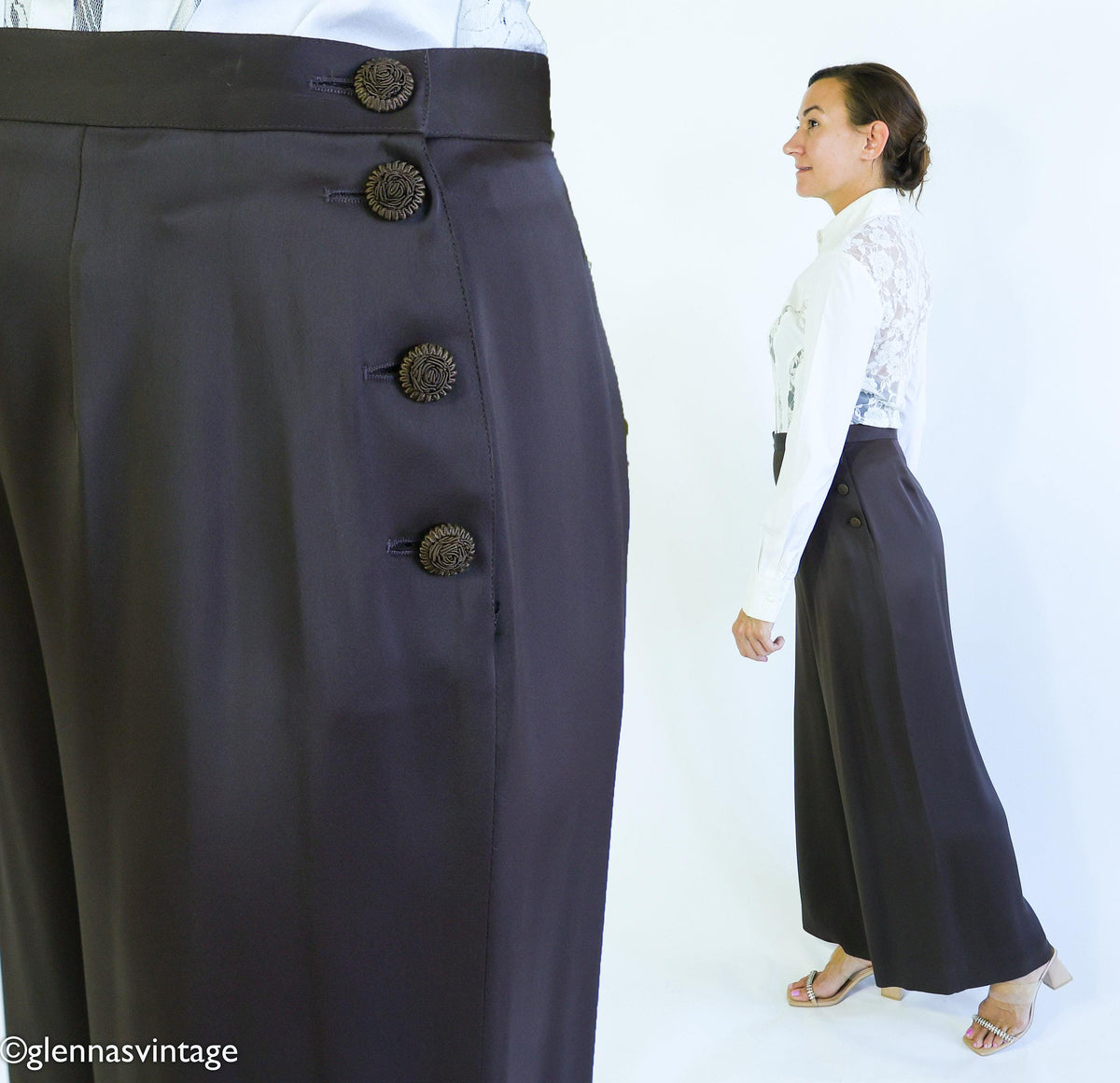 1990s Guy Laroche Designer Pants Brown Silk Slacks, Size 42