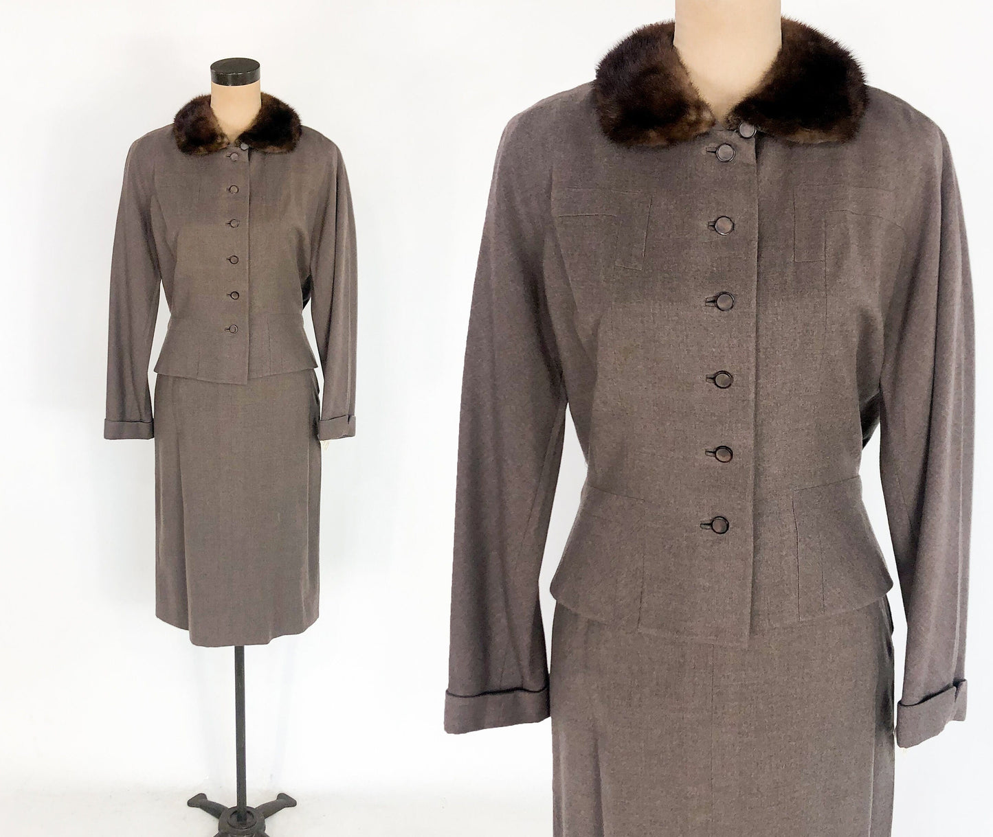 1940s Brown Wool Suit | 40s Brown Suit & Mink Collar | Medium
