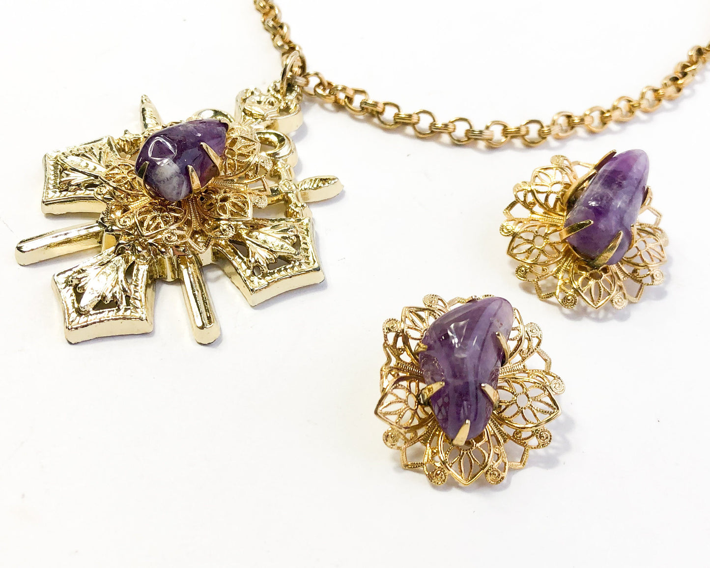 Coro | 1960s Gold & Purple Necklace Earrings Set | 60s Purple Agate Necklace Set | Coro