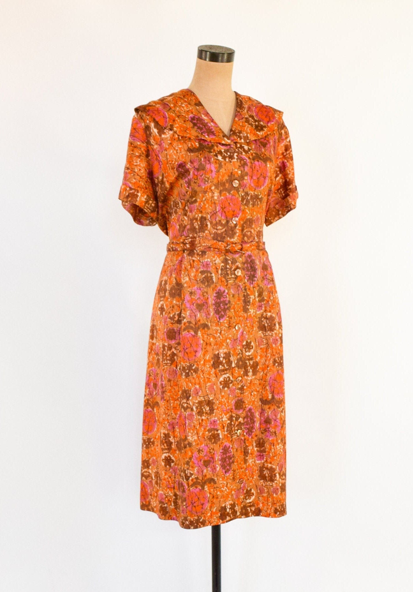 1950s Orange Floral Print Day Dress, Extra Large