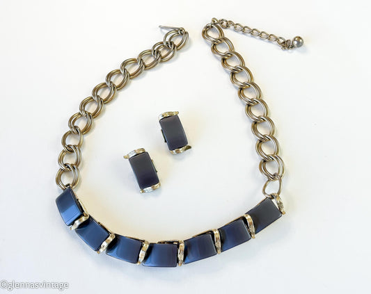 1960s Gray Lucite Necklace & Clip Earring Set | Gold Chain