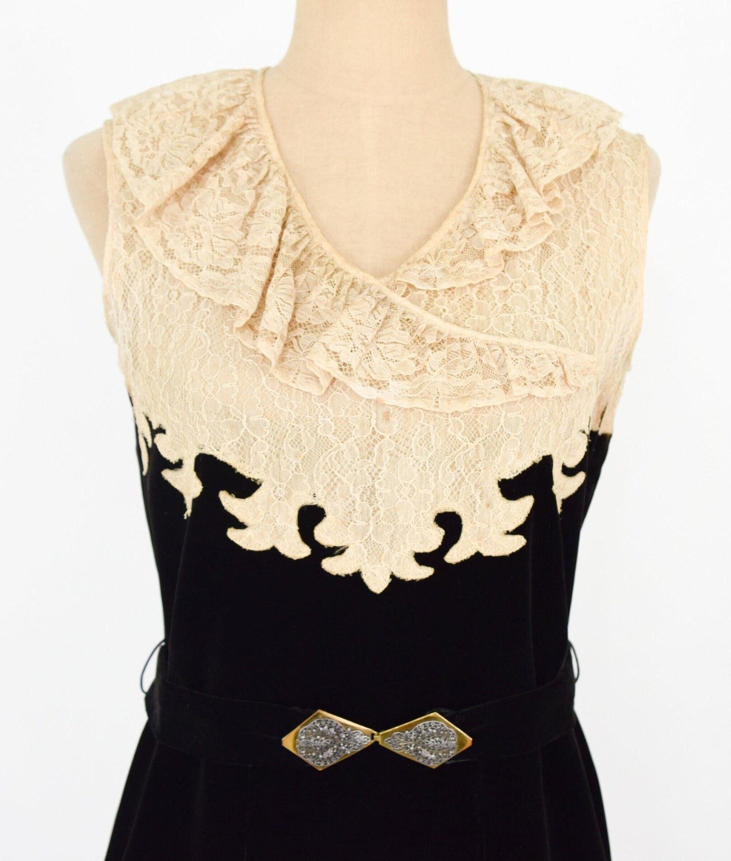 1920s Black Velvet Dress with Lace Bodice, Medium
