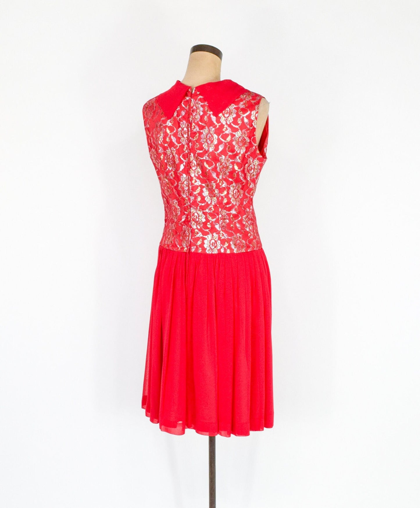 1950s Red Chiffon & Silver Lace Party Dress, Medium