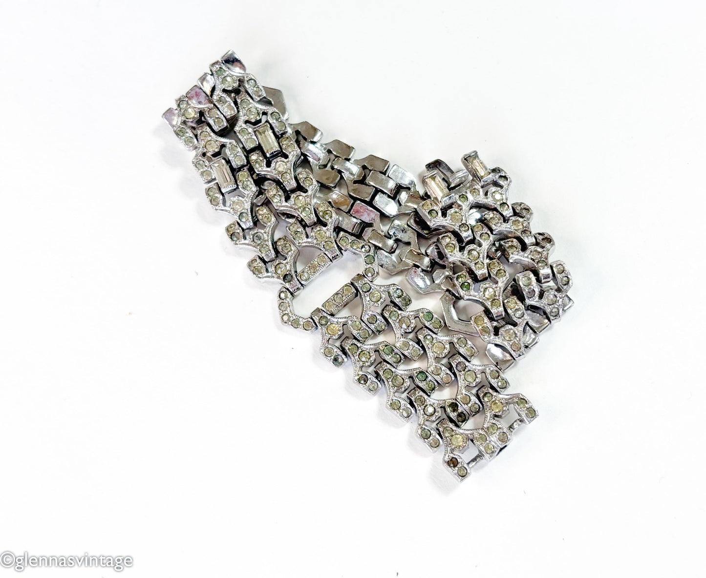 1930s Art Deco Rhinestone Bracelet, Geometric Silver Link Bracelet