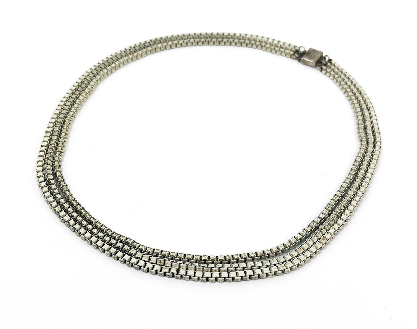 1930s White Enamel Box Chain Necklace | 30s White Box Chain Choker | 3 Strand Necklace