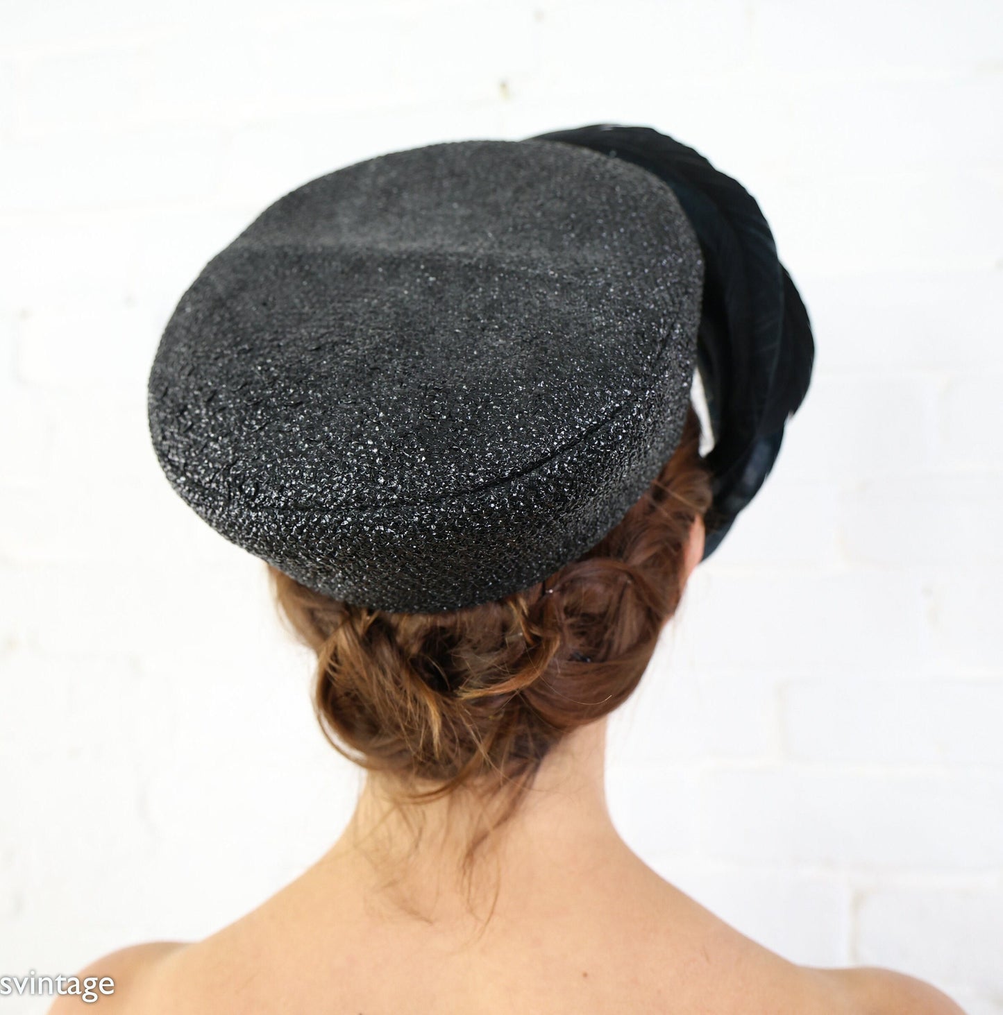 1950s Black Feather Fascinator, Woven Raffia Hat With Feathers