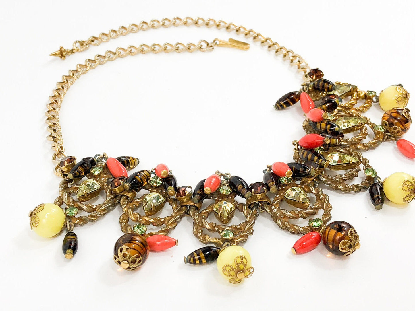 1940s Gold Statement Necklace | Rhinestone & Art Glass Choker