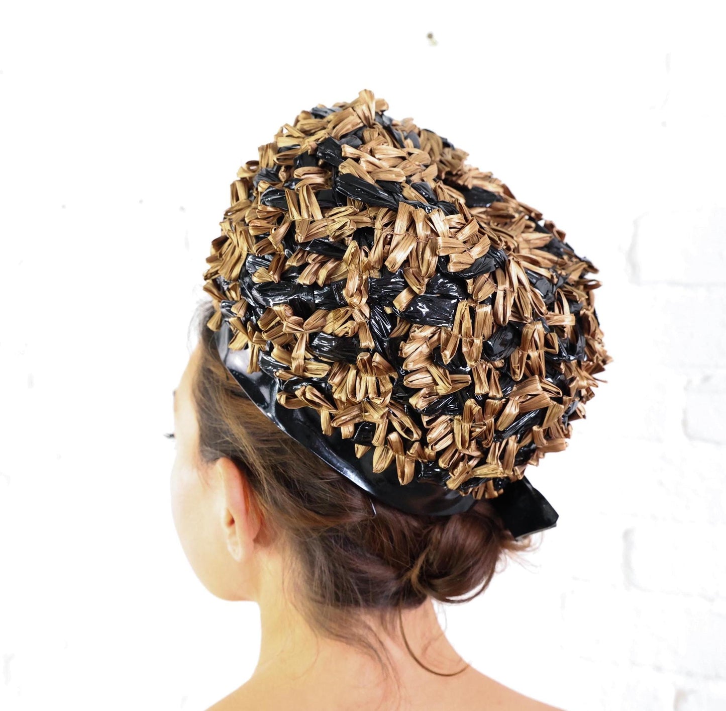 1960s Brown Black Raffia Bubble Hat