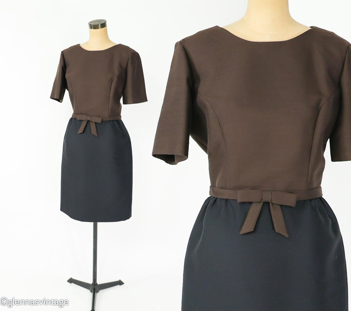 1950s Brown Black Silk Shantung Dress, Large