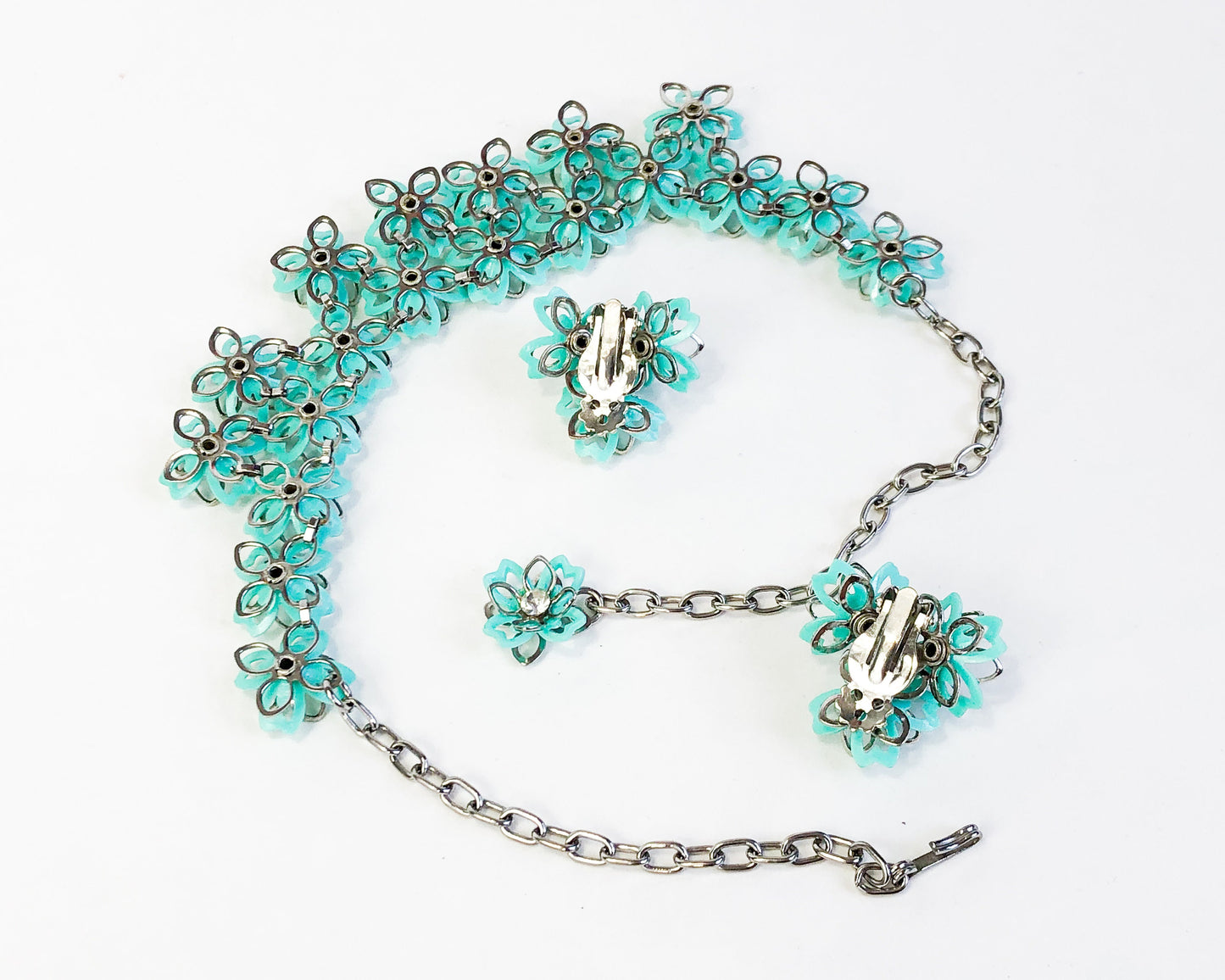 1960s Turquoise Flower Necklace Set | 60s Turquoise Plastic Flowers Necklace Jewelry Set