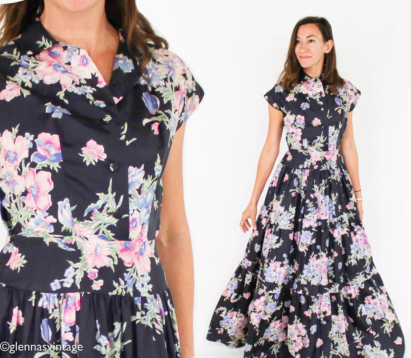 1940s Black Floral Print Evening Dress | 40s Black Flowered Sleeveless Hostess Gown | The Linzi Line | Small