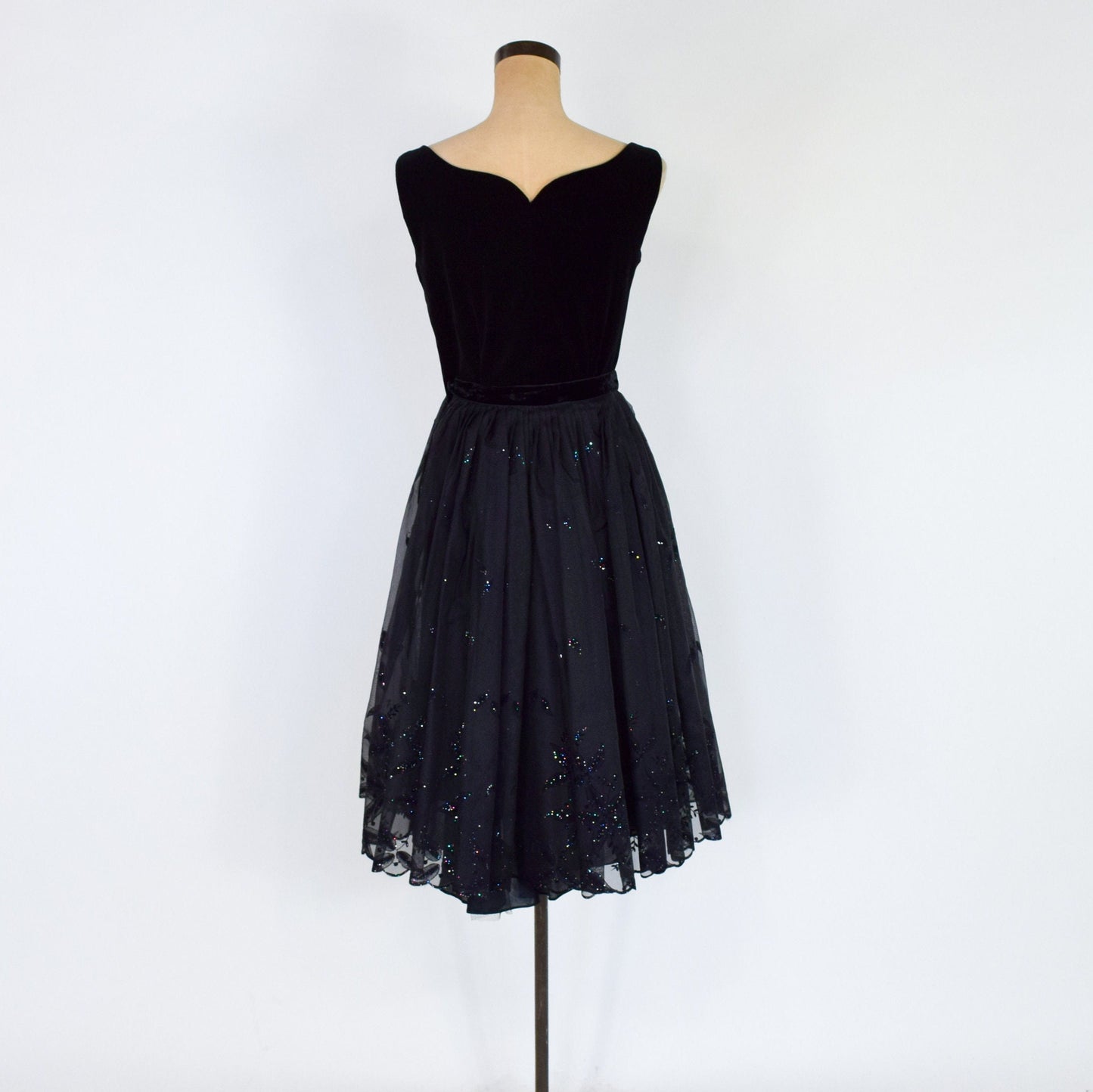 1950s Black Glitter Evening Skirt Set | 50s Black Organza Full Skirt & Velvet Top | Small