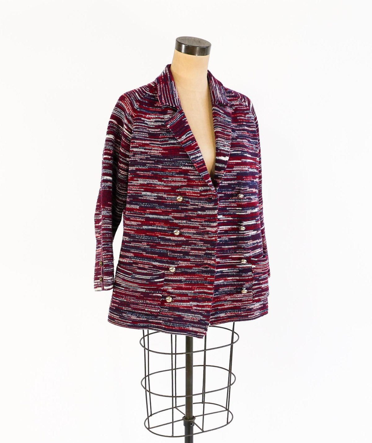 1970s Red Blue Striped Knit Cardigan Jacket by I. Magnin Double, Large