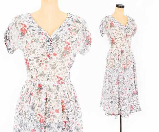 1950s White Pink Gray Floral Nylon Dress, Medium