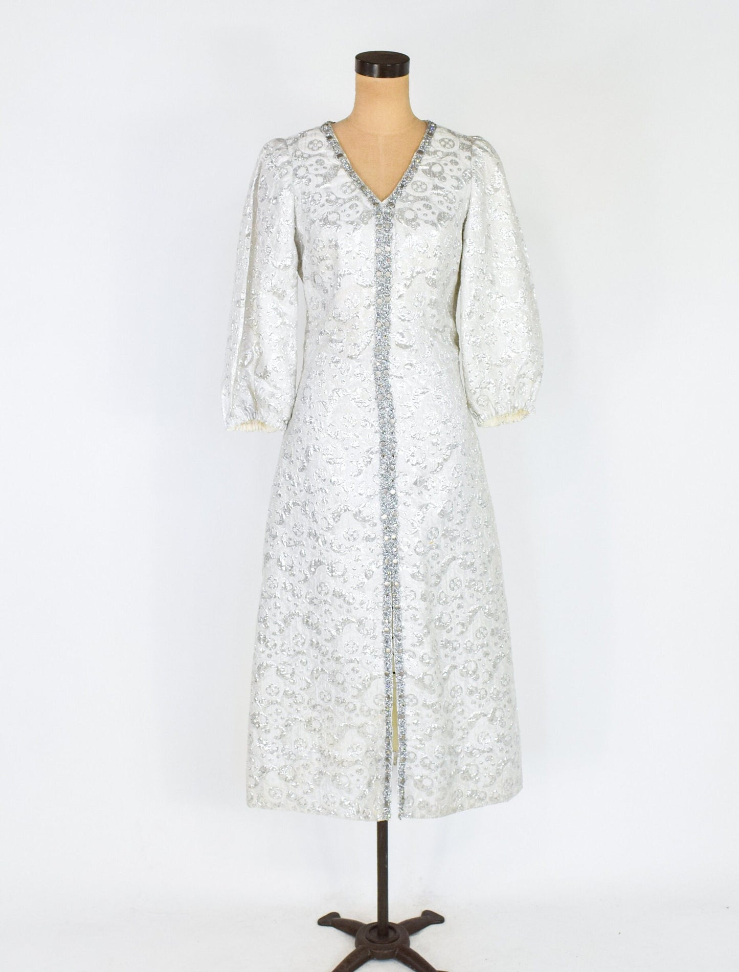 1970s Silver Brocade Evening Dress | 70s Silver Lamé Brocade Maxi Dress | Small