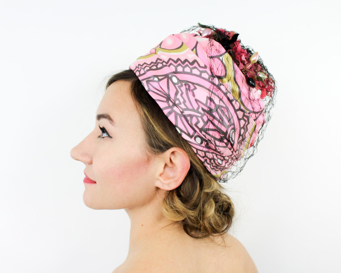 1960s Pink Print Turban Hat
