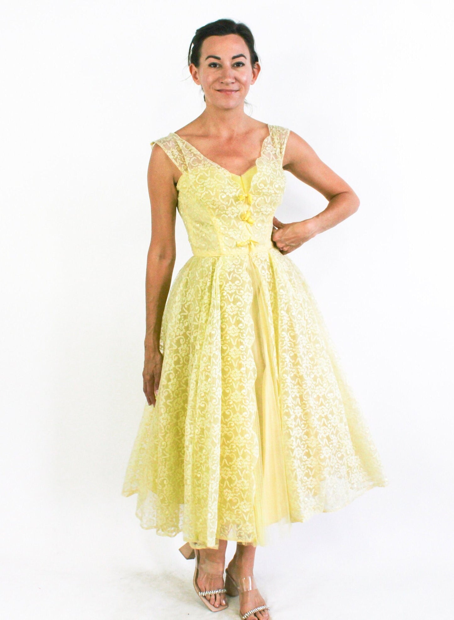 1940s Yellow Lace & Tulle Evening Dress, Extra Small