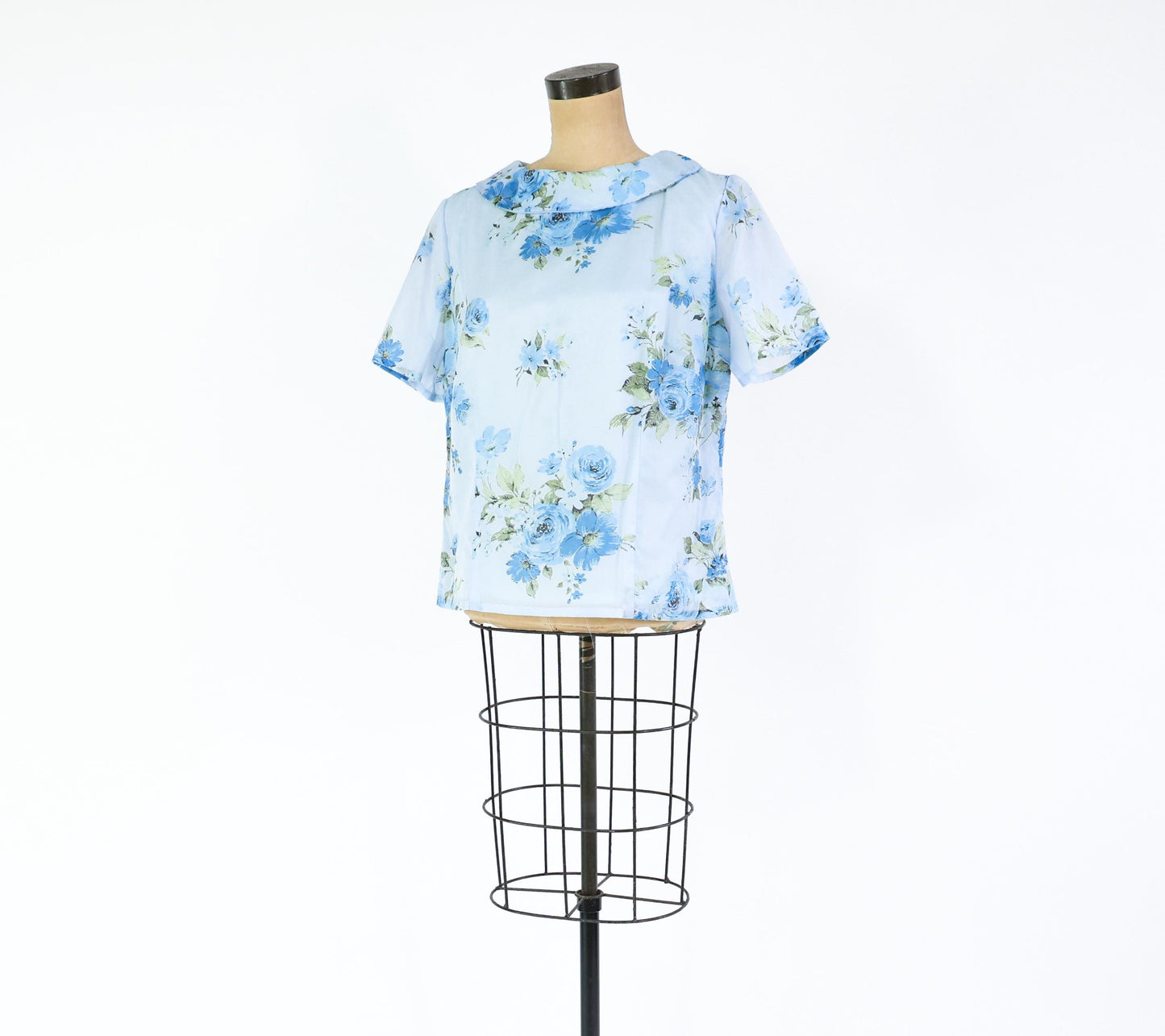 1960s Blue Floral Print Top, Extra Large, 42" Bust