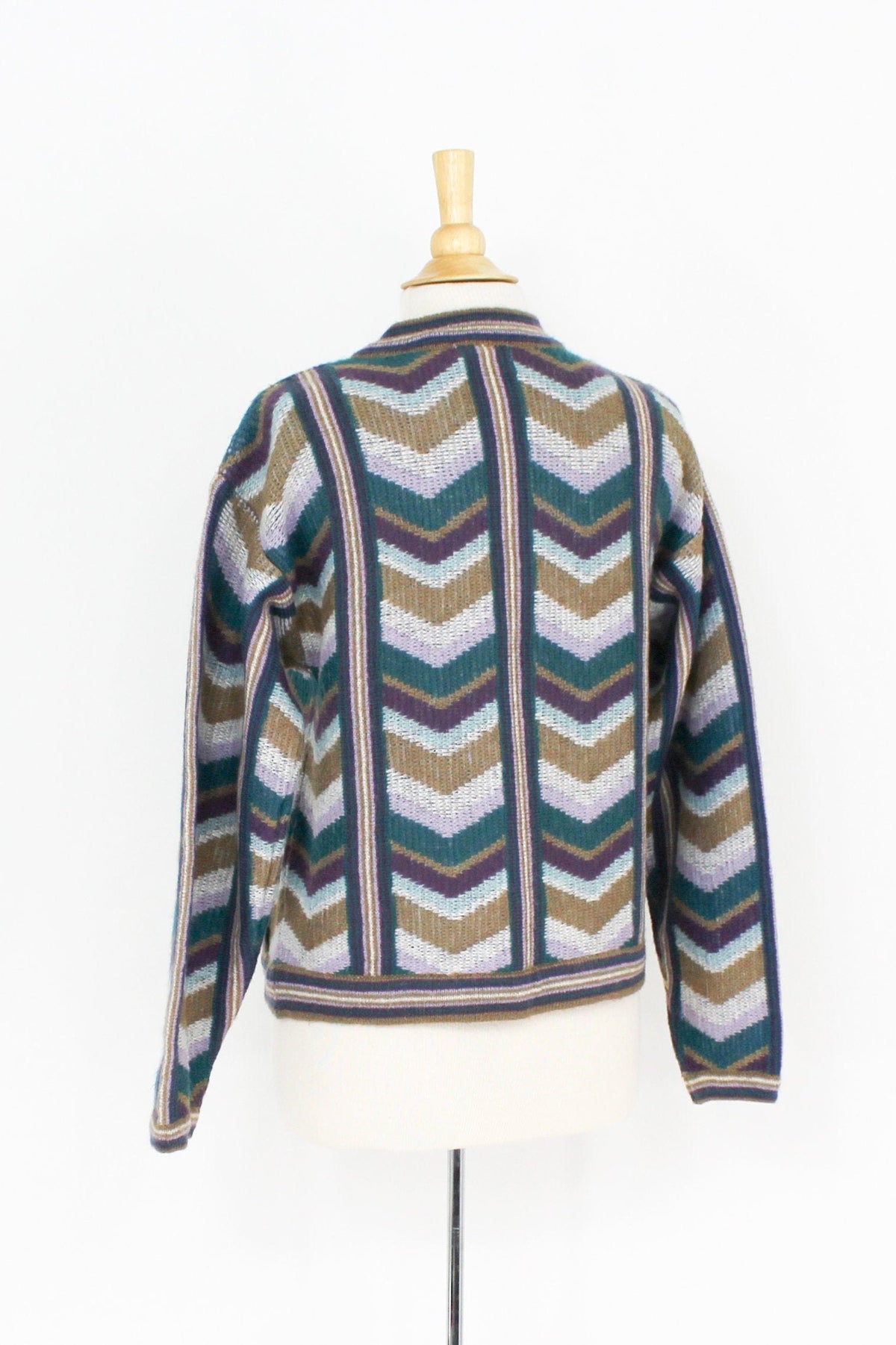 1960s Brown & Blue Chevron Cardigan Sweater, Medium