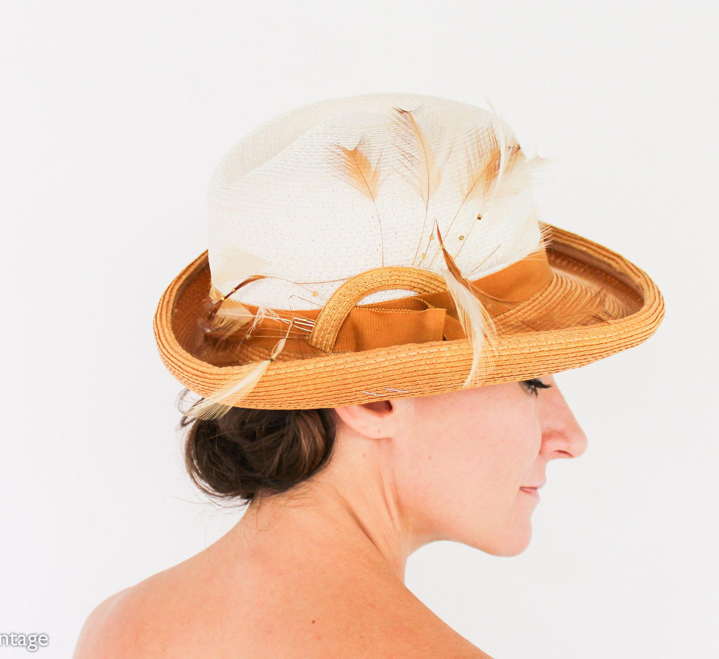 1970s Creme & Tan Woven Hat | Raffia Hat