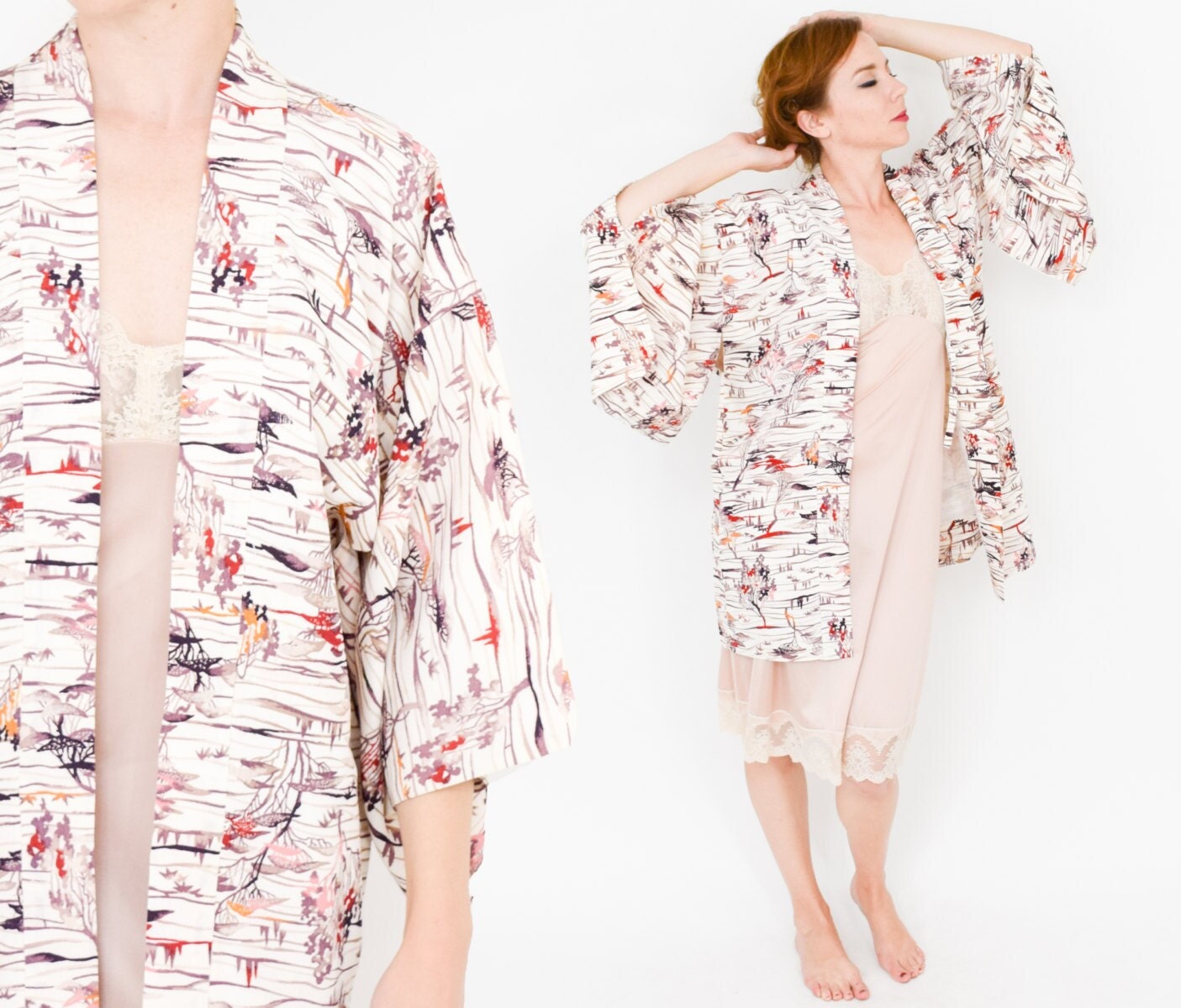 1950s Beige Print Haori Kimono Jacket