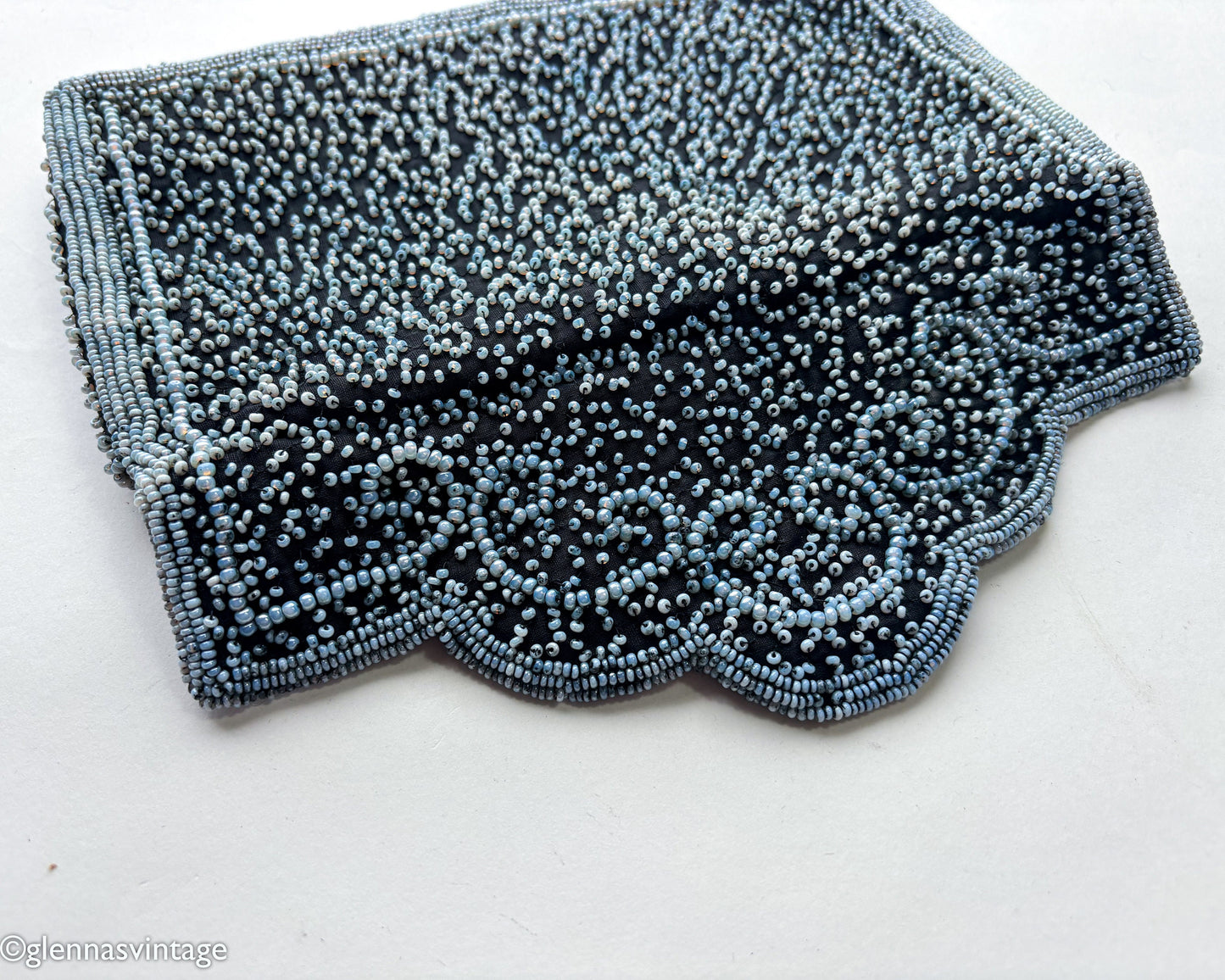 1950s Black & Blue Beaded Clutch | 50s Pale Blue Seed Bead Clutch