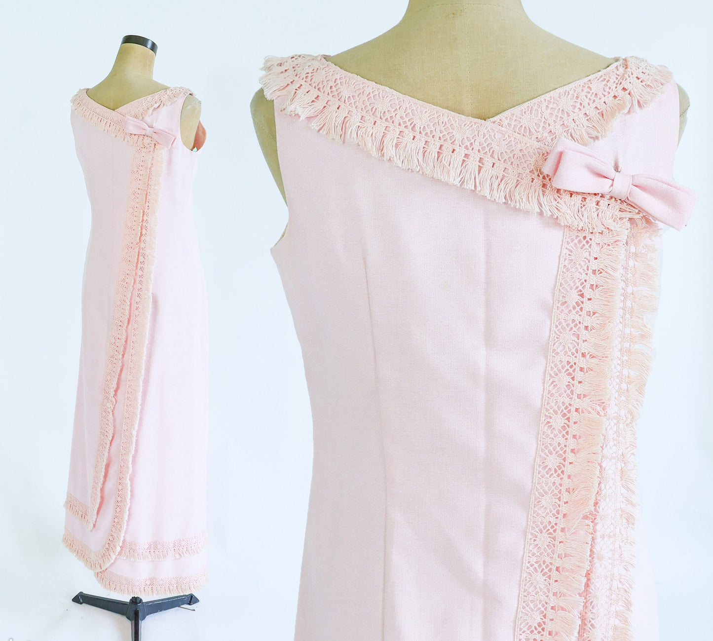 1960s Pink Fringe Column Dress | 60s Pale Pink Cotton Maxi Dress | Emma Domb | Medium
