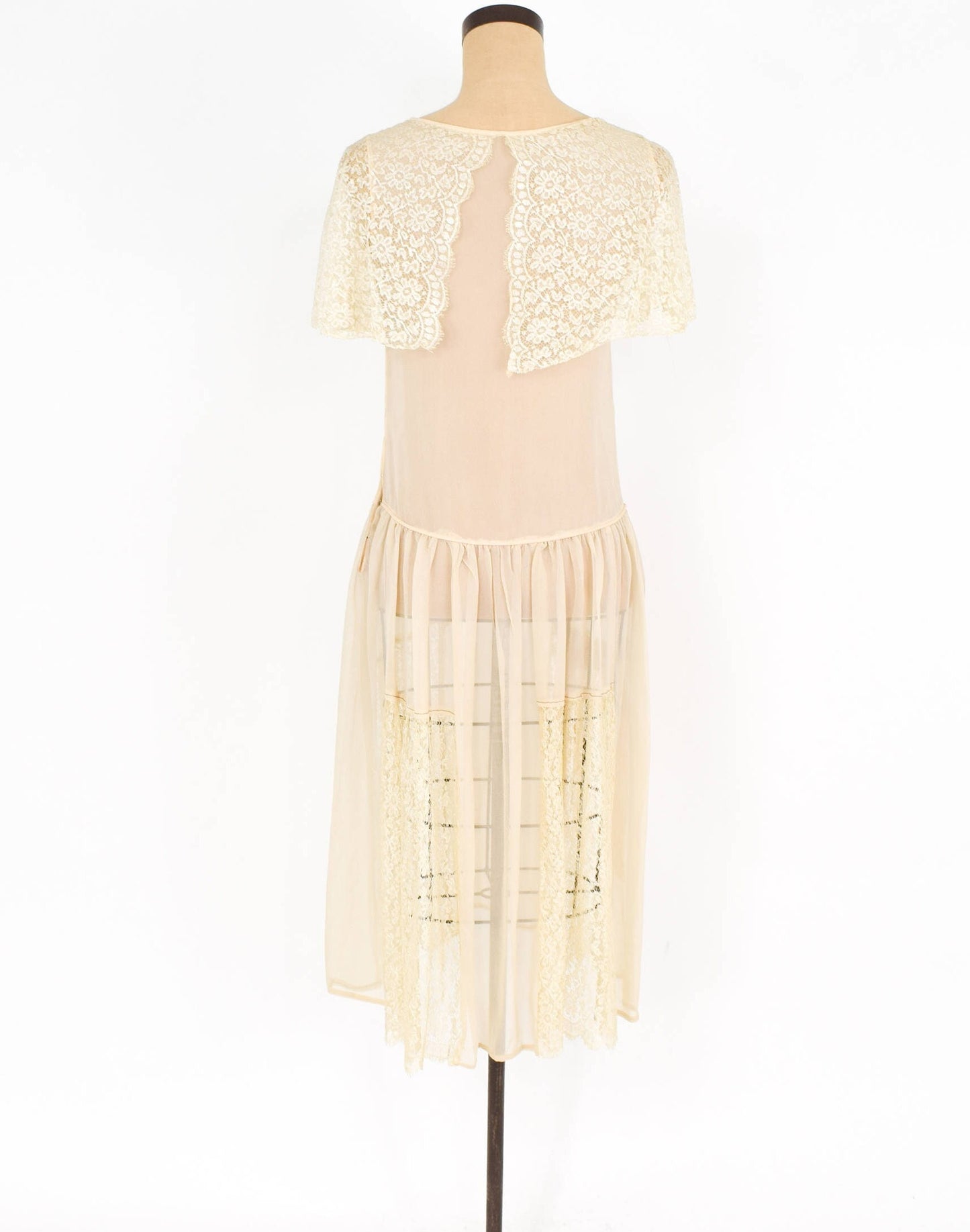 1920s Ivory Silk Chiffon Dress | 20s Ivory Chiffon & Lace Dress | Wedding  | Small