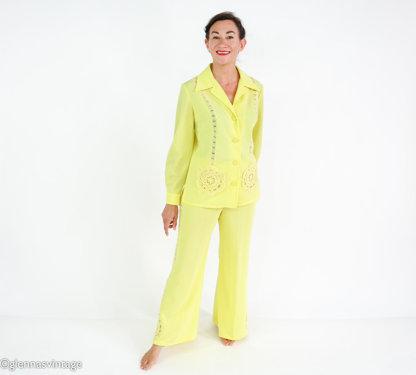 1960s Yellow Polyester Top & Pants Set, Large
