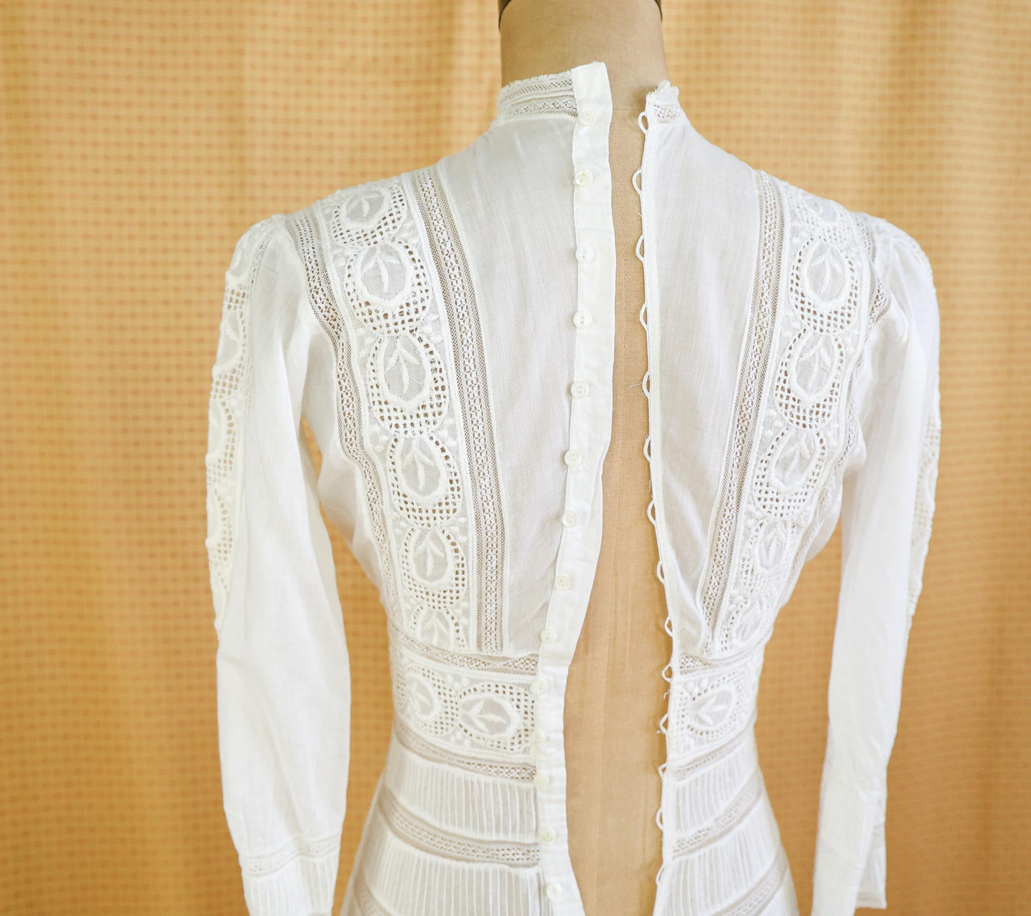 1880s Edwardian Lace Cotton Gown, Antique Walking Dress, Small
