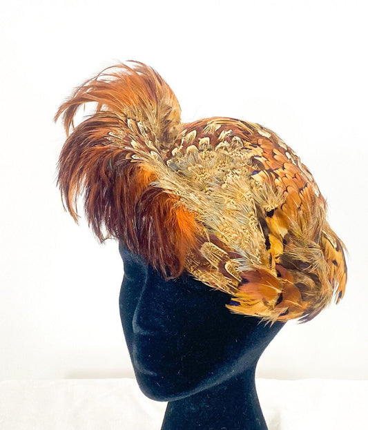 1940s Feather Fascinator Hat, Brown Quail Feather Saucer, Wool Felt