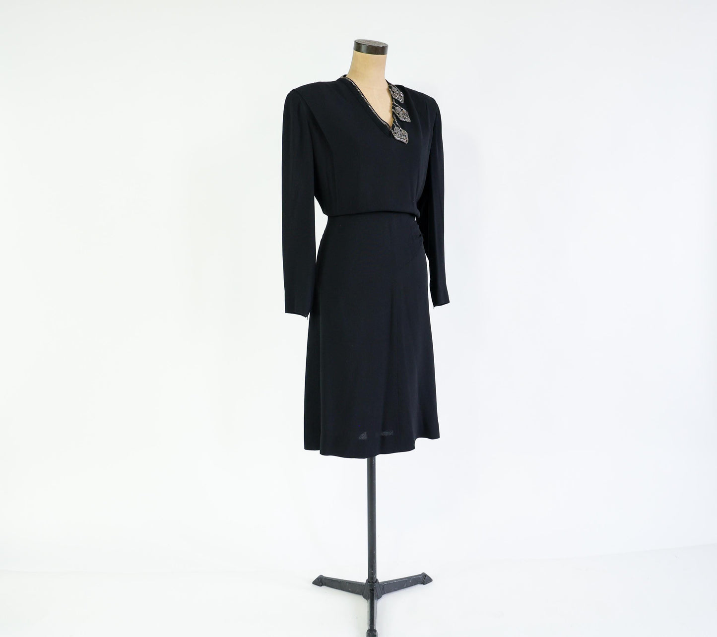 1940s Black Dress with Beaded Neckline, Extra Large, 36" Waist