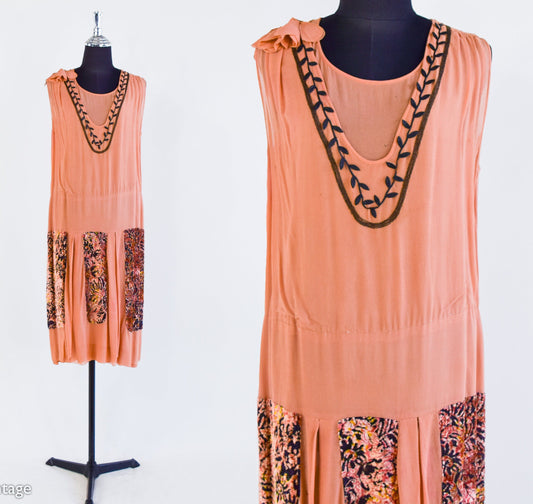 1920s Orange Silk Flapper Dress with Burnout Velvet Panels, Medium