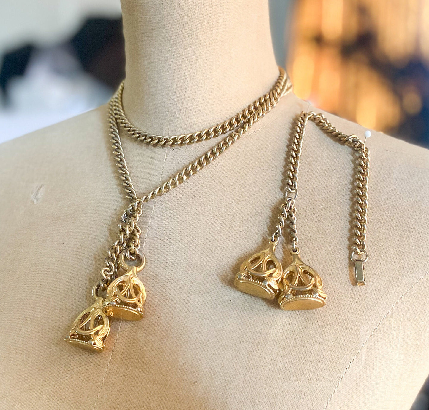 1950s Gold Metal Lariat Necklace & Bracelet Set