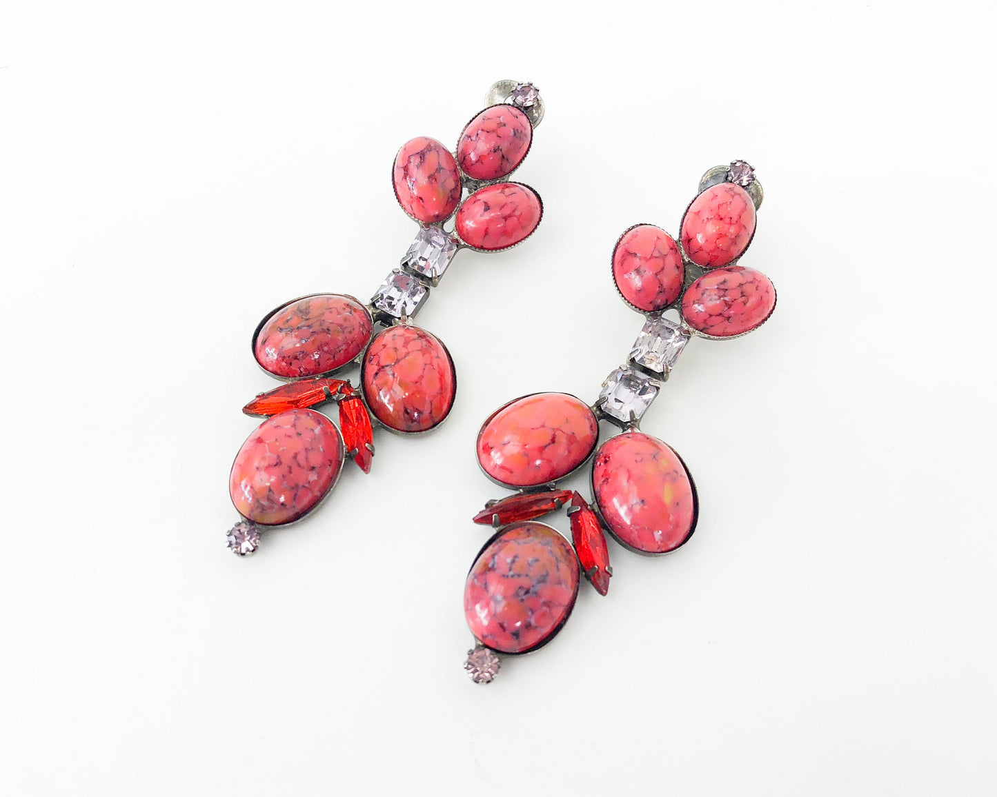 1950s Orange Stone & Rhinestone Dangle Earrings, Statement Jewelry
