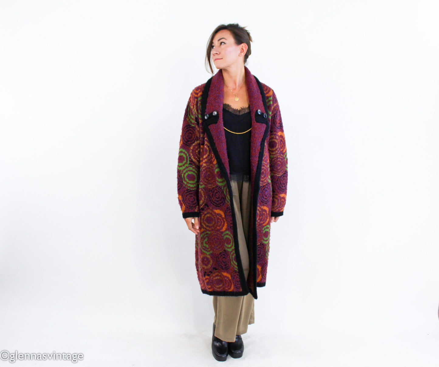 1980s Colorful Autumn Colors Oversized Sweater Coat | 80s Maroon Abstract Sweater Coat | La Mittini Large
