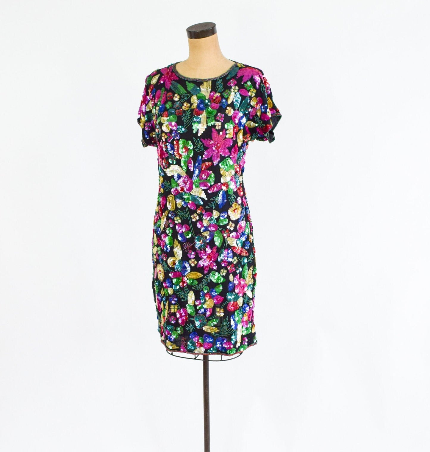 1980s Colorful Floral Sequin Party Dress, Small