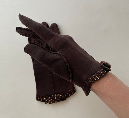 1950s Brown Beaded Gloves, Size 6.5