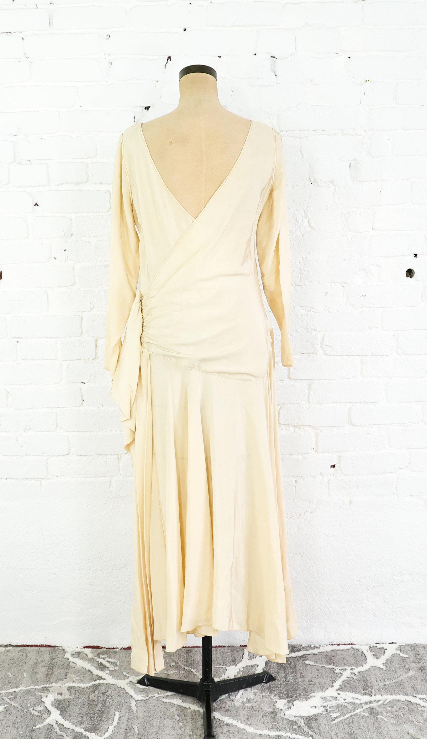 1930s Ivory Creme Silk Evening Dress, Long Sleeve Bridal Gown , Medium