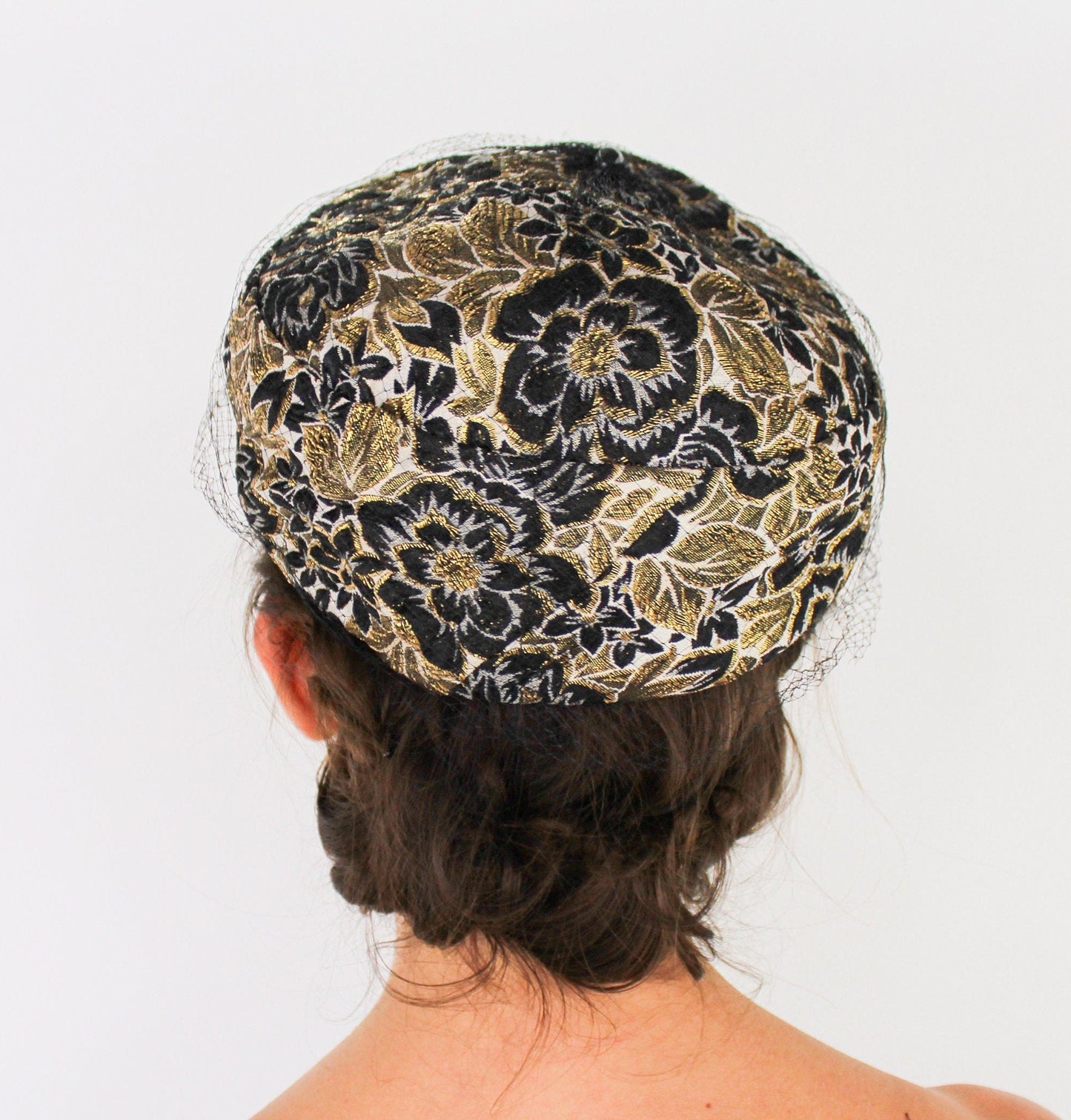 Vintage 1950s Black & Gold Brocade Pillbox Hat | Mr. Mac, Jackie O Style