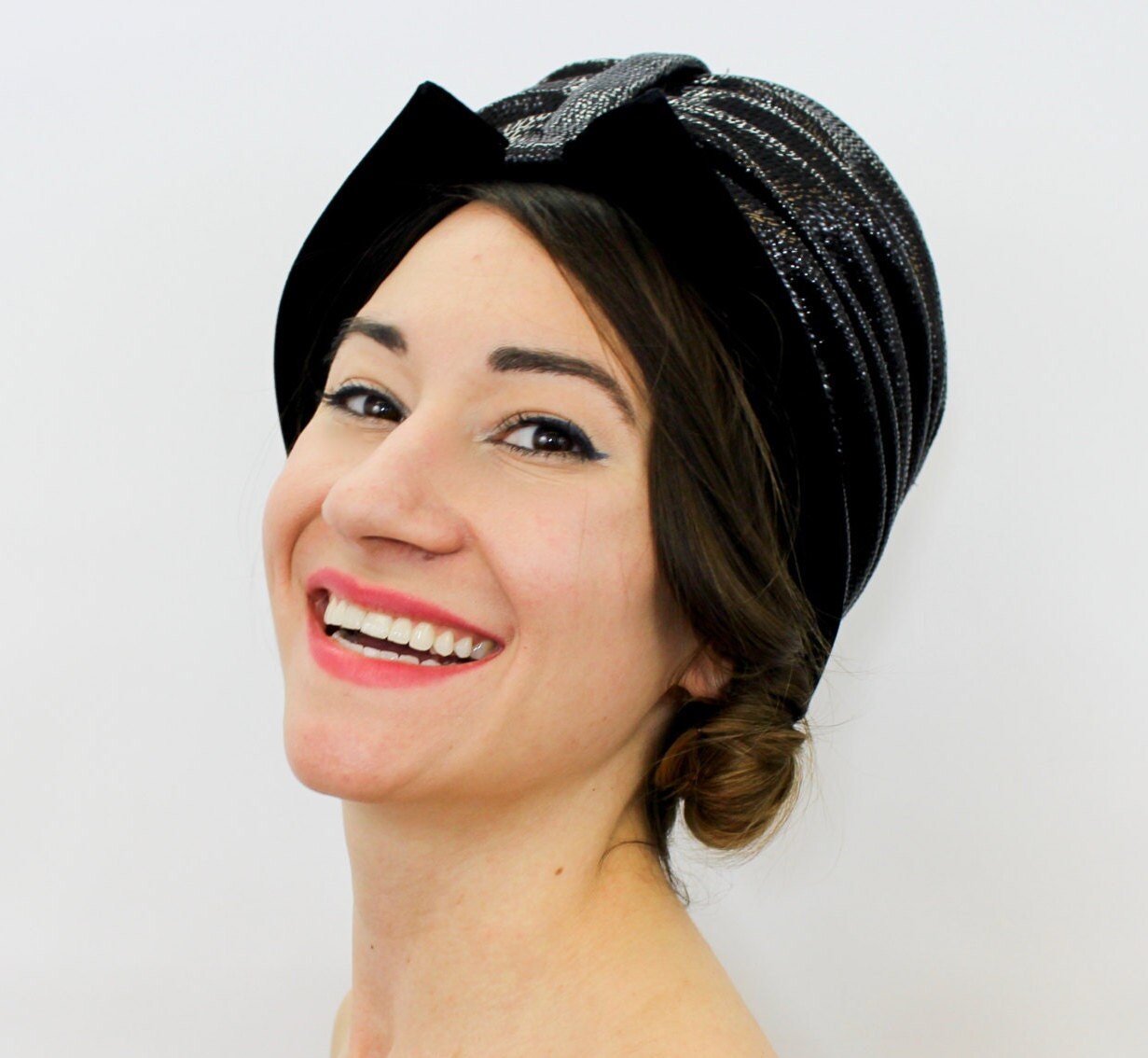 1960s Black Raffia High Crown Hat, Jackie O Style