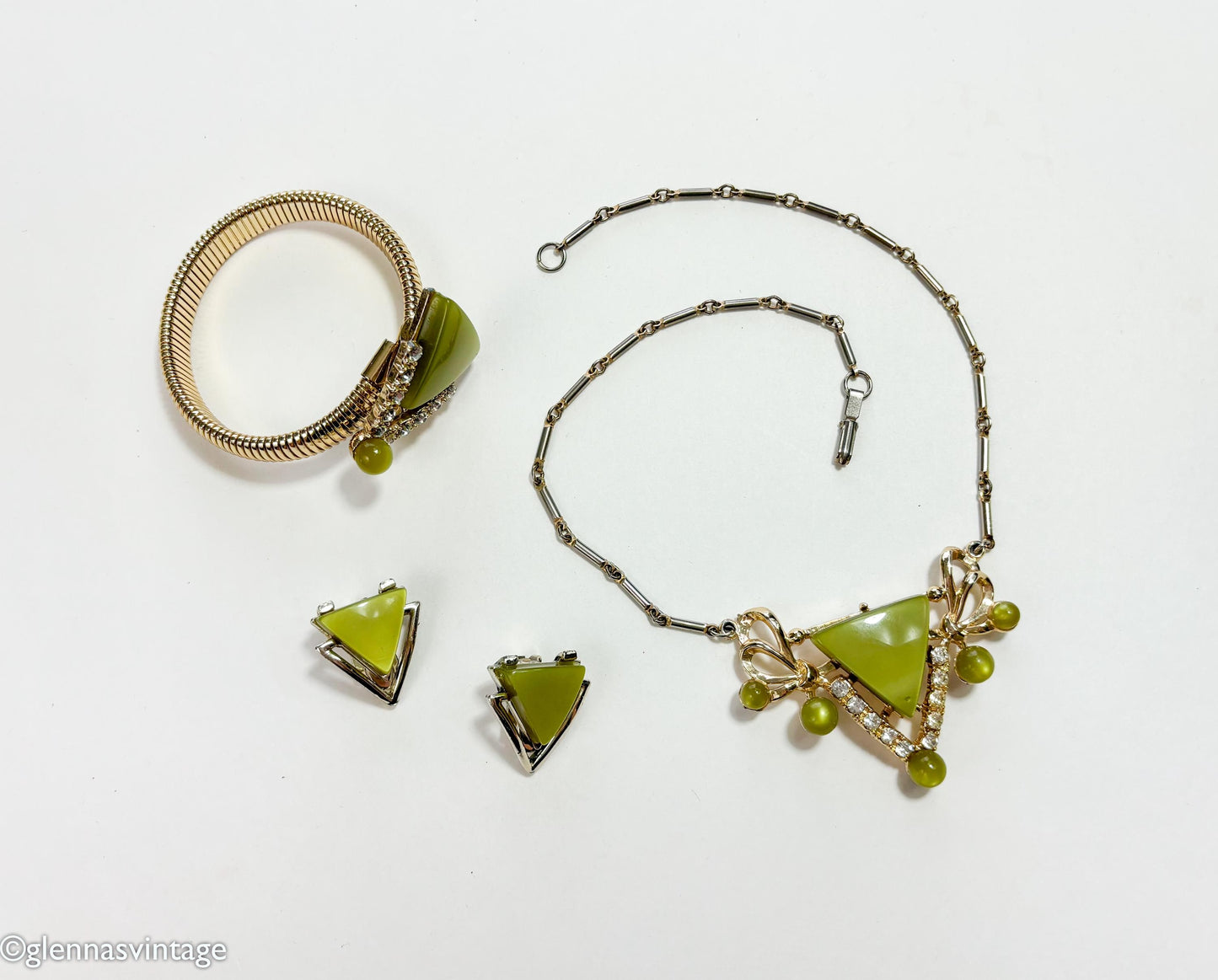 1960s Olive Green Thermoplastic Jewelry Set, Necklace Bracelet & Earrings