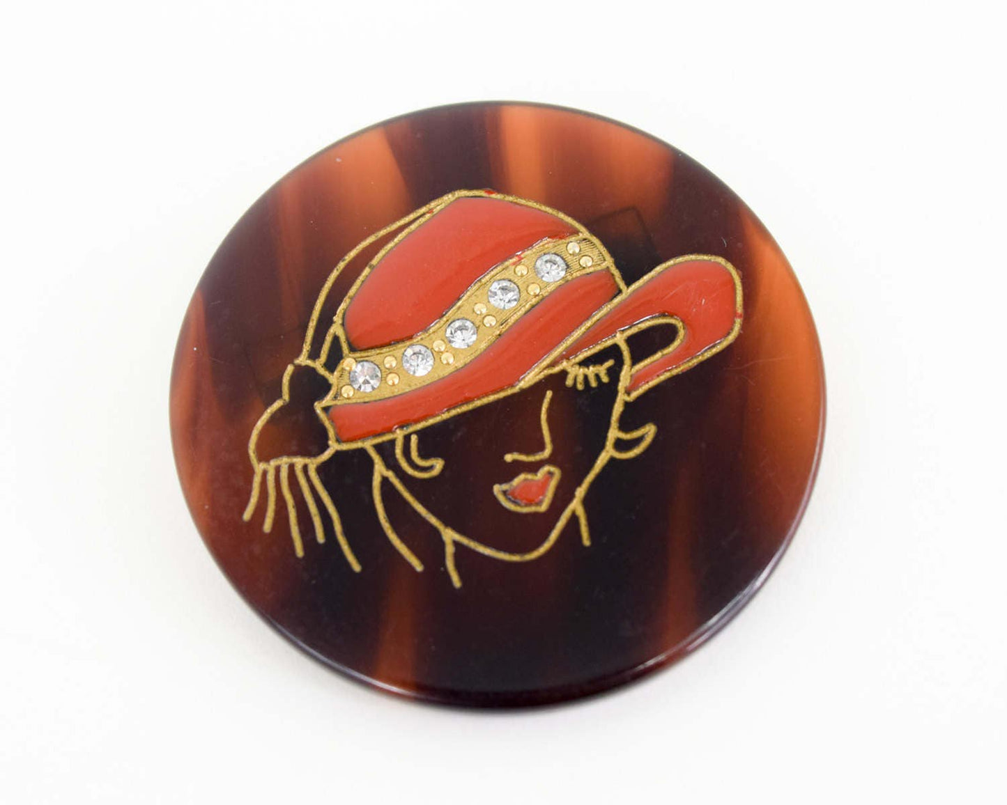1950s Lady In Hat Brooch | 50s Brown Lucite Lady in Hat | Red Hat Society