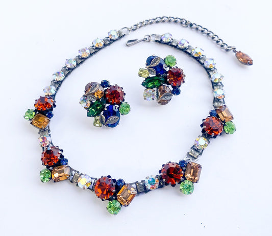 1940s Vendôme Rhinestone Jewelry Set, Colorful Floral Necklace and Clip On Earrings