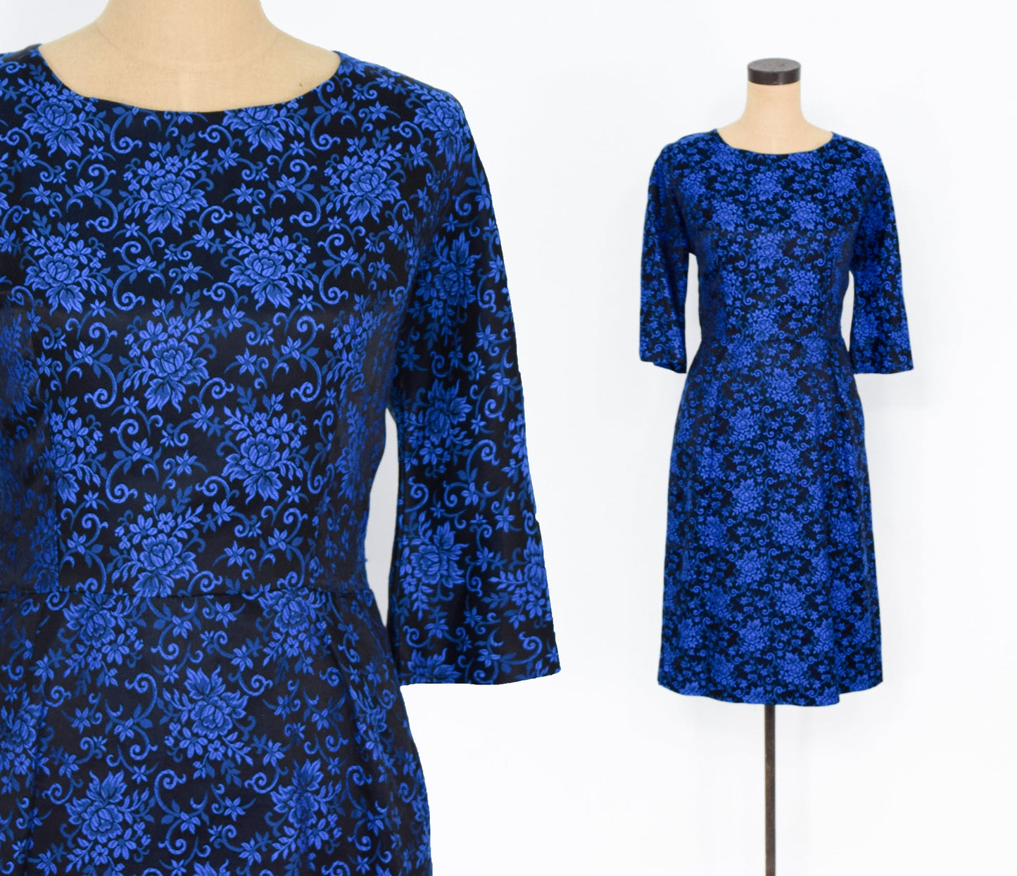 1950s Royal Blue Floral Brocade Party Dress, Medium